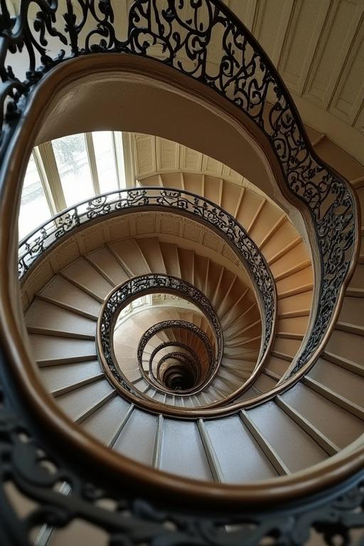 Elegant spiraltrappe med smedejernsgelænder