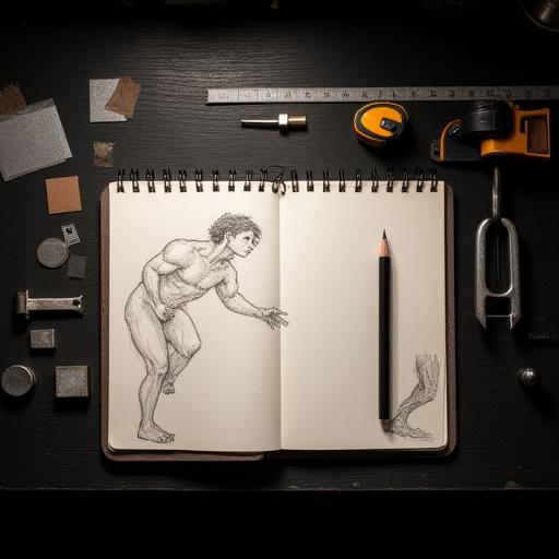 En skitseblok og en blyant på et værkstedsbord