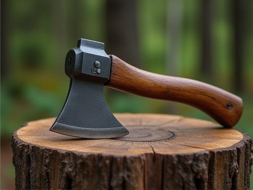 En håndlavet smedet økse på en træstub